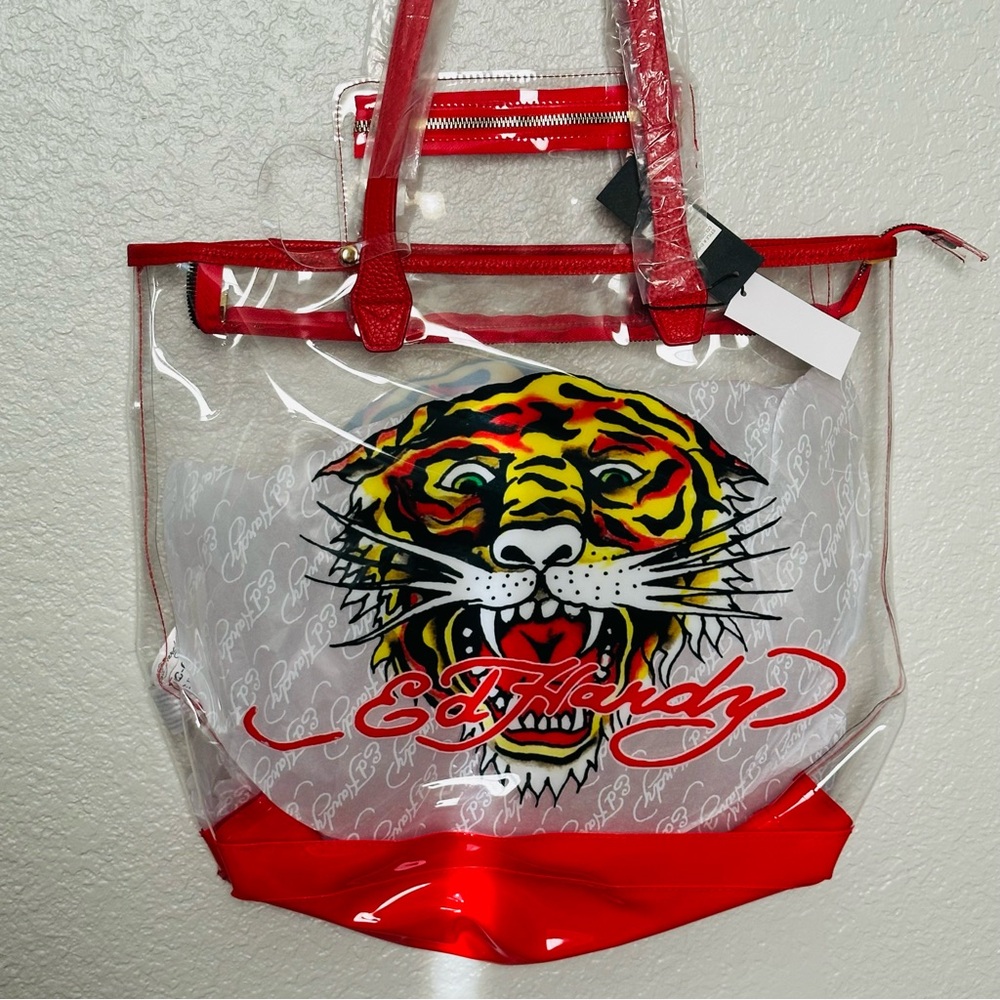Ed Hardy Tiger Clear Red Tote Bag with Matching Pouch – NWT - Picture 6 of 7